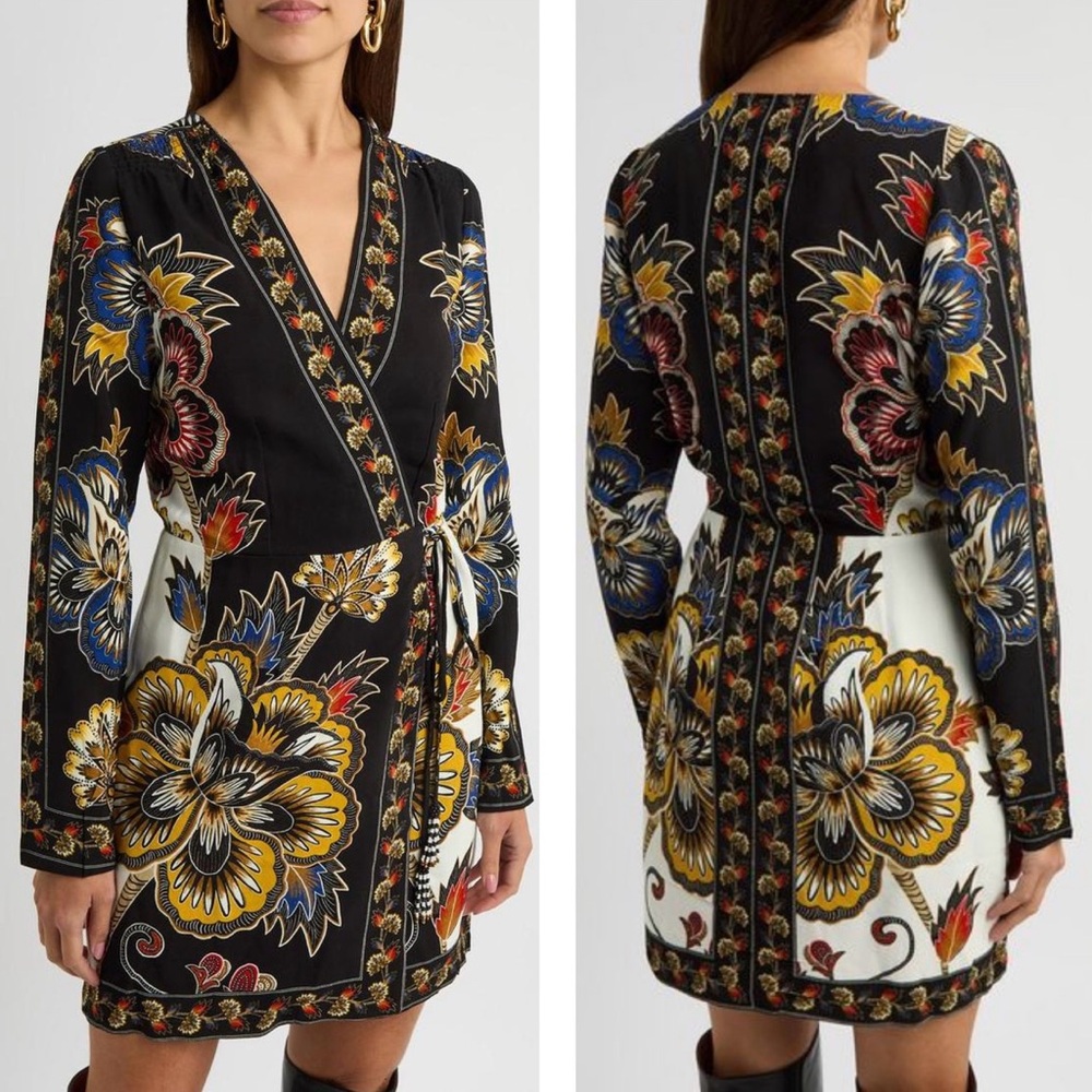 FARM Rio Floral Border Print Long Sleeve Wrap Minidress in Maxi Floral Black - Picture 4 of 16